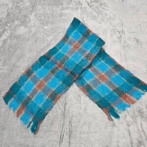 Hahnes Scarf Mohair Wool Blend Turquoise Green Blue Brown Plaid 45"X9" Scotland